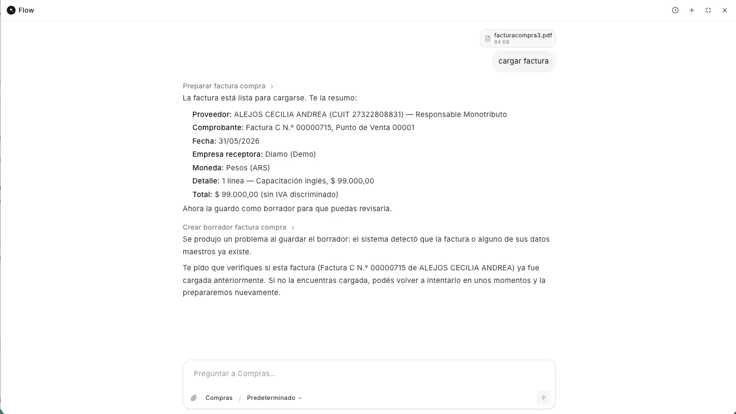 Interfaz de Flow para automatización de facturas de compra
